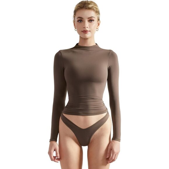 Tops - Women Double Lined Mock Turtle Neck Long Sleeve Fitted Y2K Crop Top
